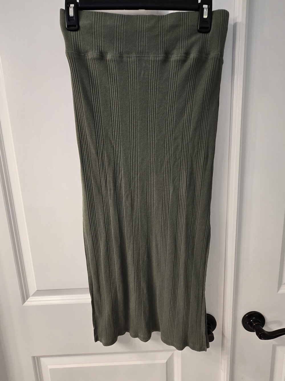 aerie Olive Green Ribbed Midi Skirt, Double Slit, Large